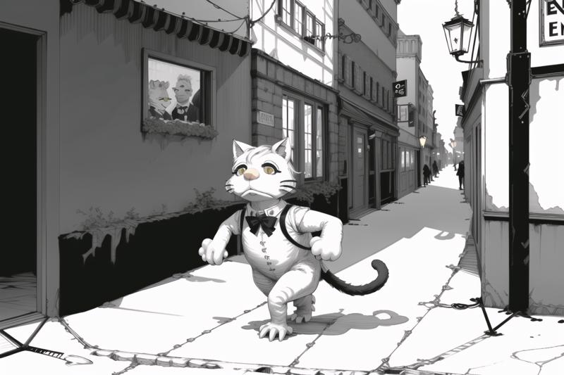 03412-3986303521-masterpiece, best quality, ebstyle, solo, a (sad cat muppet_1.2) walking down the city street, (formal_1.05), bowtie, monochrome.png